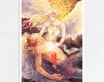 Licht für die Verstorbenen - Fine Art Druck - Giclée auf säurefreiem Papier - Fantasy Illustration - Sternkreuzende Liebende - Engel und Dämon
