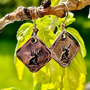 Jackalope hand-stamped copper earrings on stainless steel ear wire, Montana and Wyoming cryptid lore jewelry, Rabbit with Antlers earrings
