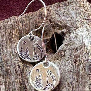 Gazing Rabbit with evergreen trees and a star hand-stamped pewter earrings, Sweet Bunny artisan stamped earrings