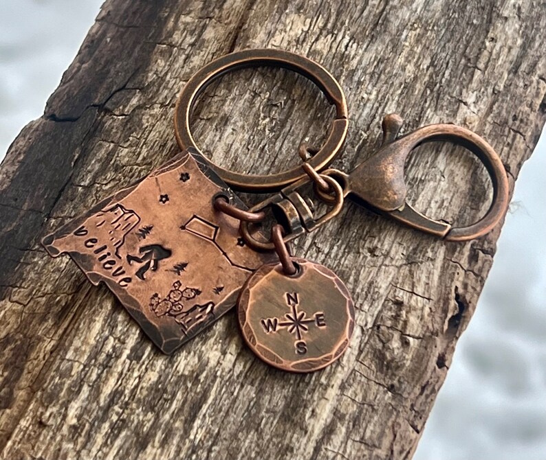 Sasquatch in New Mexico copper hand-stamped keychain, New Mexico Bigfoot legendary keychain, Cryptid Lovers Bigfoot in the Southwest image 2