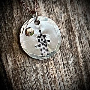 Crosses on Calvary pewter pendant, Three Crosses hand stamped necklace, Faith based Easter season jewelry gift