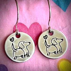 Dachshund pewter hand-stamped earrings, Sassy Doxie earrings, Weenie Pup jewelry, Fun Dachshund owner jewelry gift, Weiner Dog Lovers gift