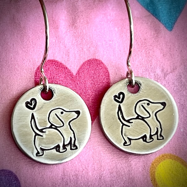 Dachshund pewter hand-stamped earrings, Sassy Doxie earrings, Weenie Pup jewelry, Fun Dachshund owner jewelry gift, Weiner Dog Lovers gift