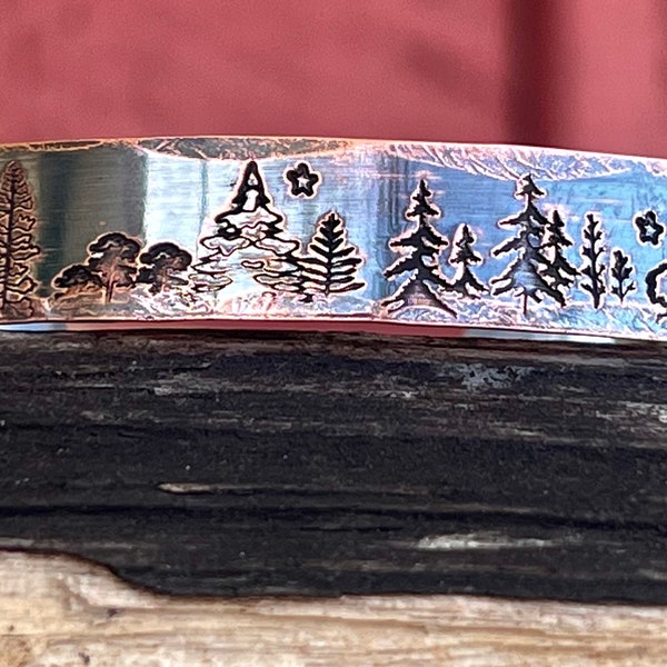 Evergreen cuff bracelet, Trees and Stars hand-stamped copper cuff, Nature copper bracelet, Pine tree bracelet, Bridesmaids gift