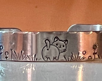 Hand Stamped Kitten Cuff Bracelet, Meadow Scene, Cat Lover Gift