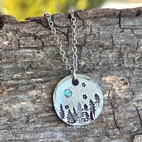 Once in a Blue Moon pendant, Evergreens and Stars necklace, Blue Moon jewelry, Mothers Day Gift, Full Moon jewelry, March birthstone