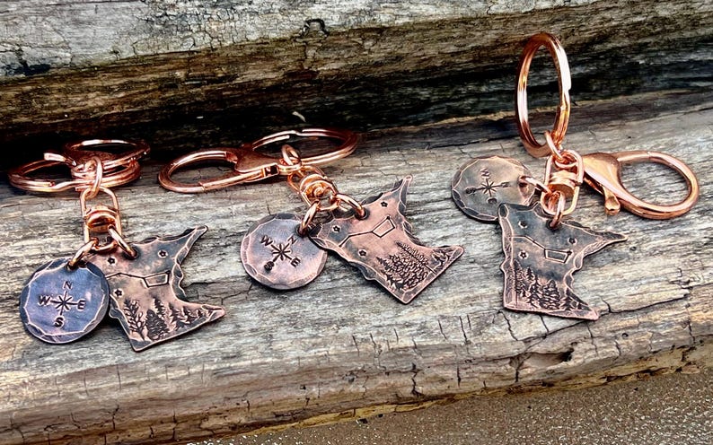 Hand-stamped Copper Minnesota Keychain, Compass Charm, up North Gift - Etsy