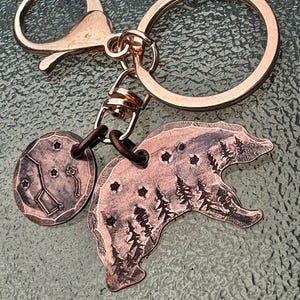 Bear with Big Dipper and Little Dipper Copper keychain, Evergreen Trees and Stars Purse or Backpack charm, Star Lovers gift