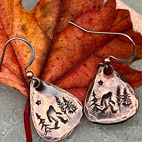 Sasquatch Earrings, Bigfoot earrings, Cryptid lovers jewelry, Bigfoot believers gift, Sasquatch jewelry, Copper earrings and jewelry