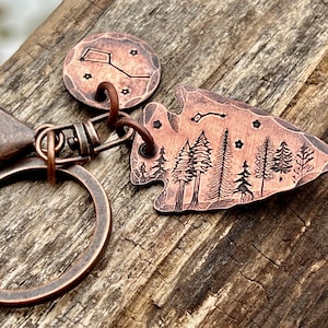 Arrowhead Big Dipper and Little Dipper Copper keychain, Evergreen Trees and Stars Purse or Backpack charm, Star Lovers gift