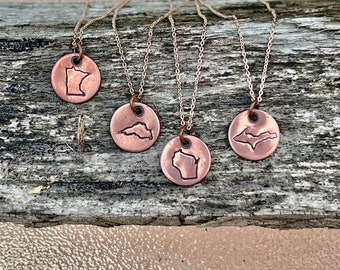 Dainty Copper State Charm Necklace, Handstamped Pendant, Rose Gold Chain