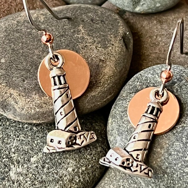 Lighthouse earrings with copper illumination on stainless steel earwires