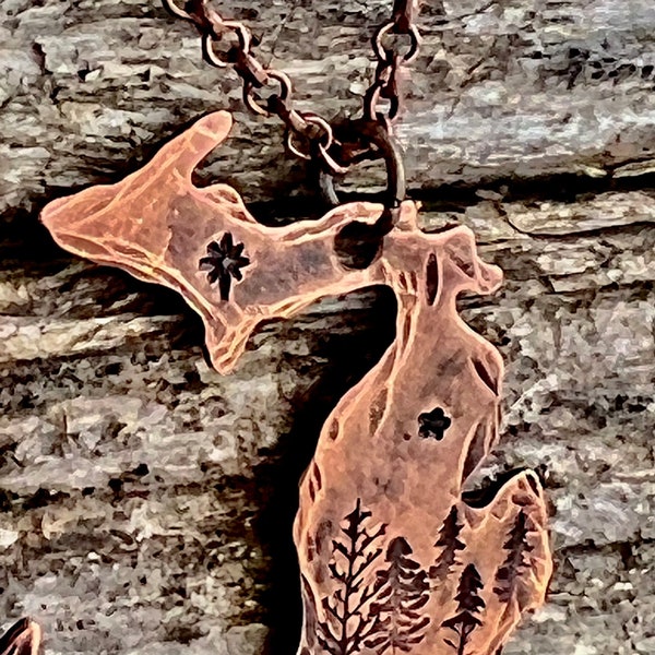 Michigan Wilderness copper pendant, Up North copper jewelry, state of Michigan necklace