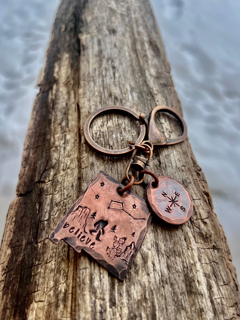 Sasquatch in New Mexico copper hand-stamped keychain, New Mexico Bigfoot legendary keychain, Cryptid Lovers Bigfoot in the Southwest image 5