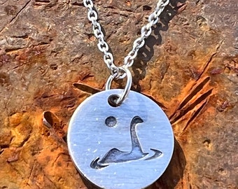 Handstamped Pewter Loch Ness Monster Necklace, Scottish Jewelry
