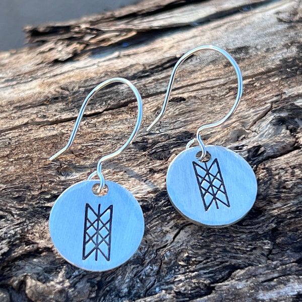 Web of Wyrd pewter handstamped Scandinavian earrings on sterling silver earwires, Viking warrior earrings