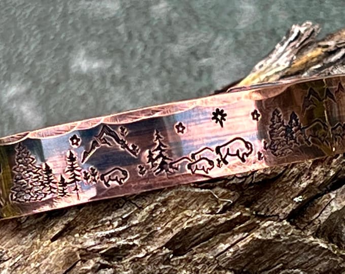 Hand Stamped Copper Cuff Bracelet, Bison, Elk, Sheep, Mountain Scene, 100% copper