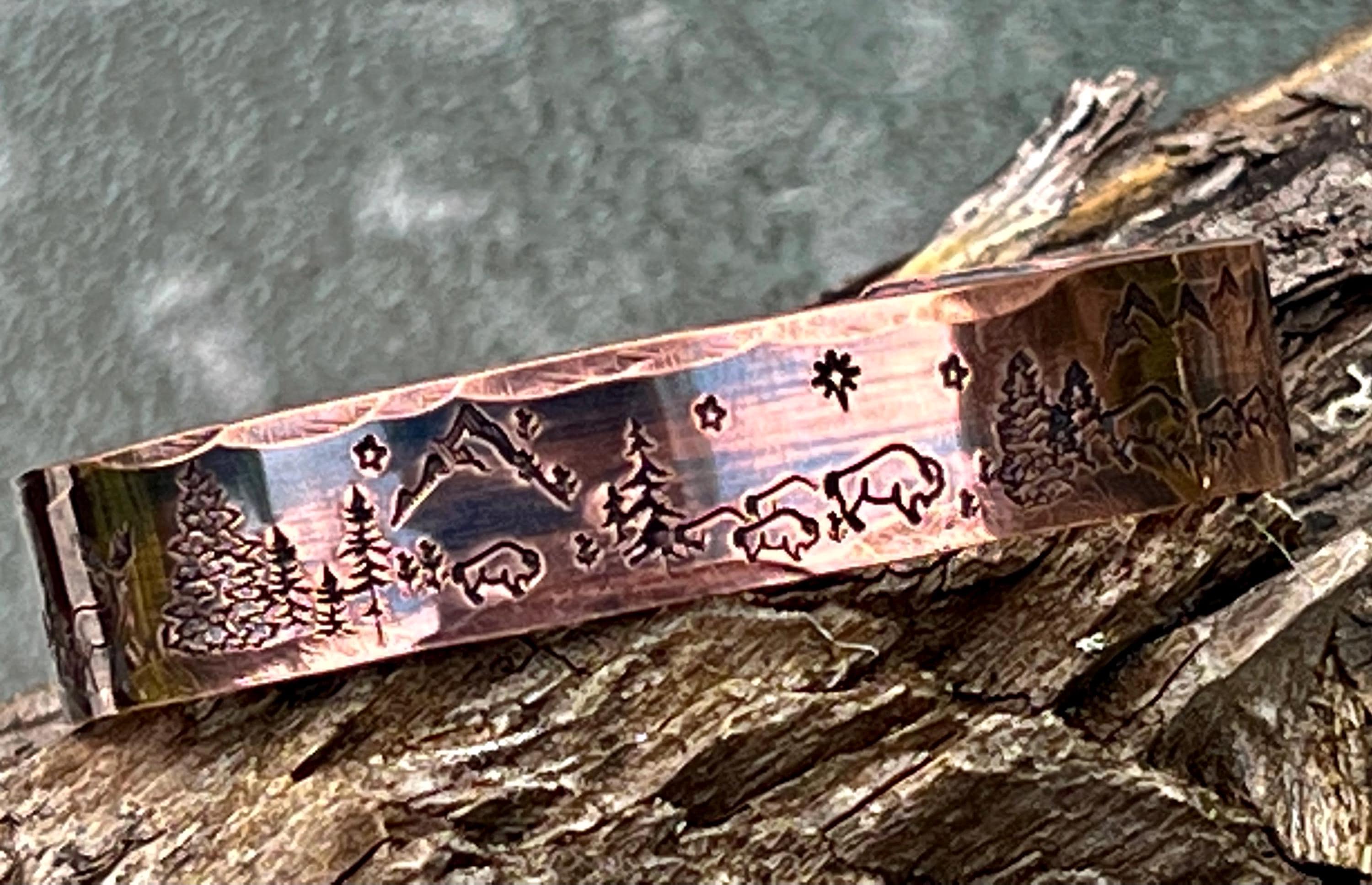 Hand Stamped Copper Cuff Bracelet, Bison, Elk, Sheep, Mountain Scene,…