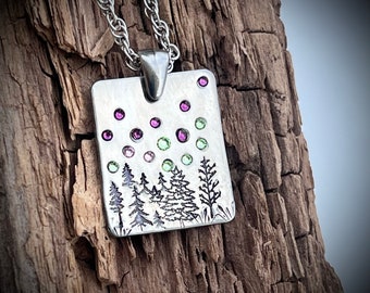 Austrian Crystal hand-stamped Evergreen trees Aurora Borealis pewter necklace, The Northern Lights shiny pendant, Night sky jewelry gift