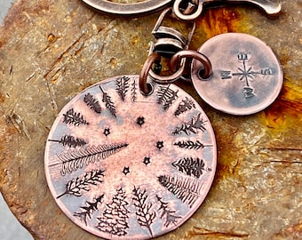 Starry Nite evergreen and stars copper keychain, Star gazer keychain, Pine tree and Stars copper keychain or backpack clip, Camping keychain