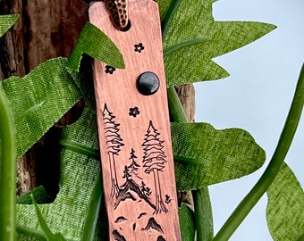 Mighty Redwood Trees with Full Moon and Stars on brushed satin Copper, Hand-stamped Copper Mountain and Stars pendant on Silk Fairy Ribbon