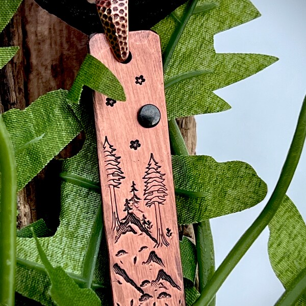 Mighty Redwood Trees with Full Moon and Stars on brushed satin Copper, Hand-stamped Copper Mountain and Stars pendant on Silk Fairy Ribbon