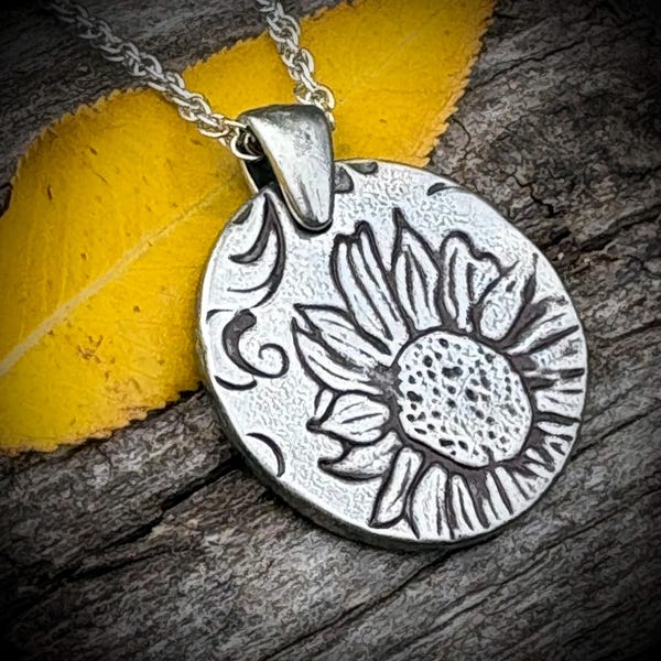 Sunflower pendant necklace, You are my Sunshine Sunflower hand-stamped pewter charm pendant jewelry, Special Love pendant for any occasion