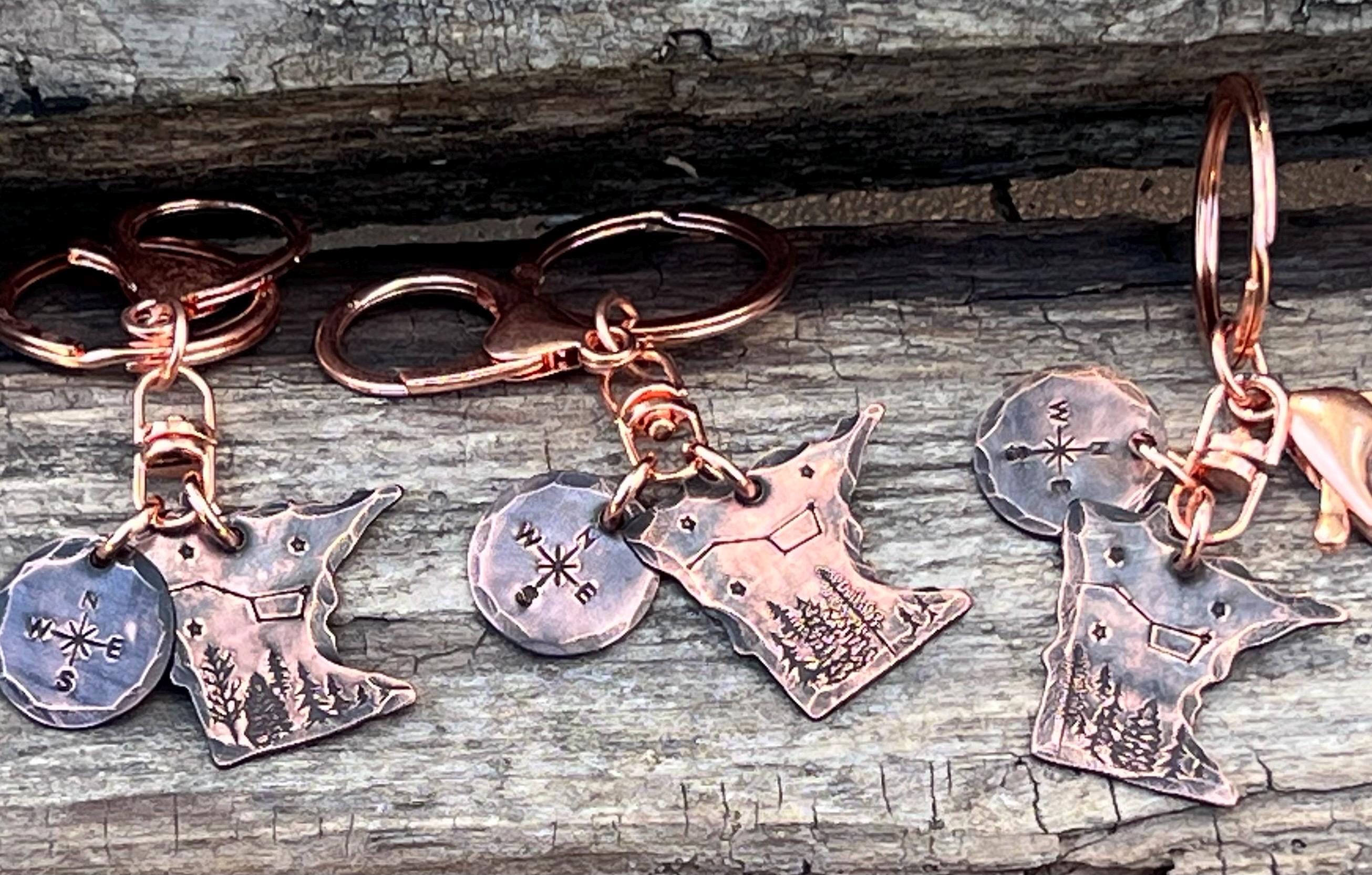 Hand-stamped Copper Minnesota Keychain, Compass Charm, up North Gift - Etsy