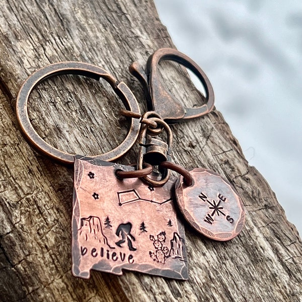 Sasquatch in New Mexico copper hand-stamped keychain, New Mexico Bigfoot legendary keychain, Cryptid Lovers Bigfoot in the Southwest
