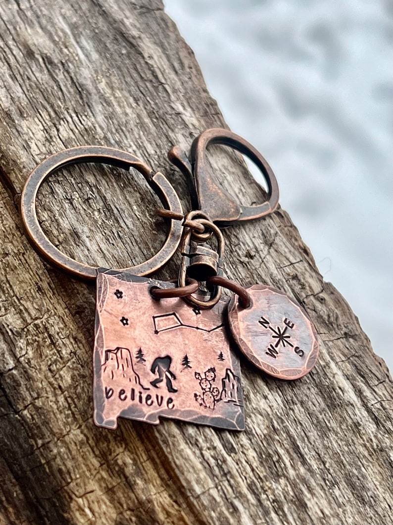 Sasquatch in New Mexico copper hand-stamped keychain, New Mexico Bigfoot legendary keychain, Cryptid Lovers Bigfoot in the Southwest image 1