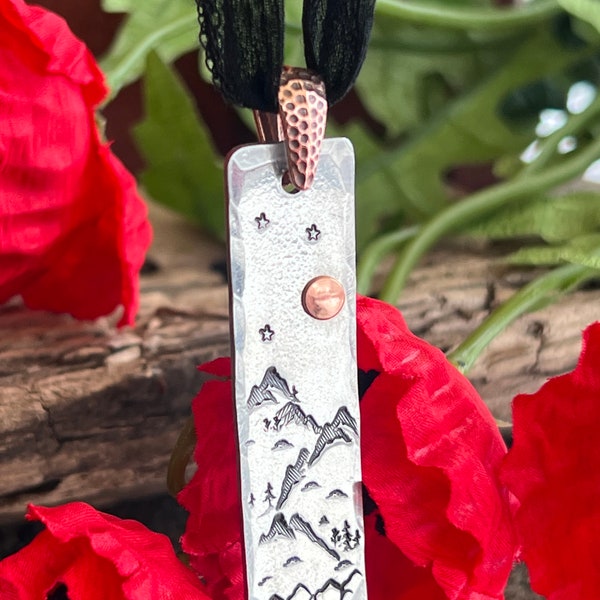 Full Moon with Mountains Stars and Trees pewter hand-stamped pendant necklace on Fairy Silk Ribbon, Outdoor landscape Pewter pendant jewelry