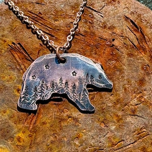 Copper Bear trees and stars pendant necklace, Bear Lover’s jewelry, Camping necklace, Brown Bear necklace, Stamped nature jewelry
