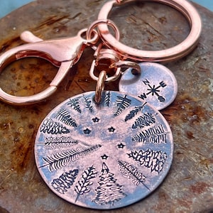 Starry Nite evergreen and stars copper keychain, Star gazer keychain, Pine tree and Stars copper keychain or backpack clip, Camping keychain