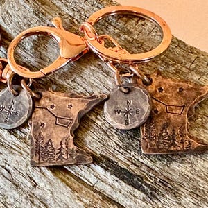 Hand-stamped Copper Minnesota Keychain, Compass Charm, up North Gift - Etsy