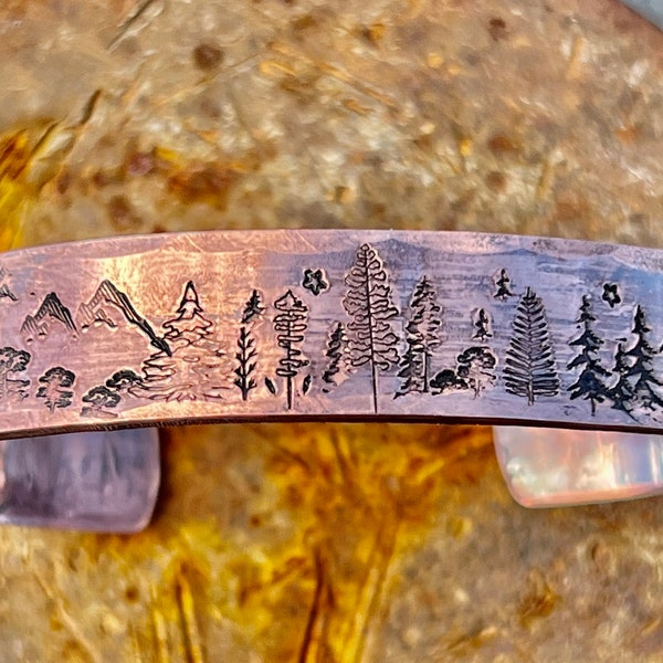 Evergreen cuff, Tree Copper Cuff, Hand-Stamped Copper Cuff, Outdoor Cuff, Nature Copper Cuff