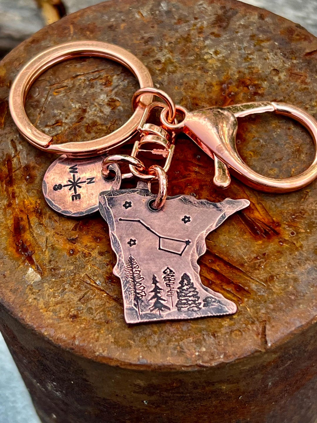 Hand-stamped Copper Minnesota Keychain, Compass Charm, up North Gift - Etsy