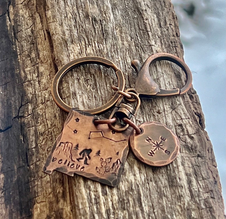 Sasquatch in New Mexico copper hand-stamped keychain, New Mexico Bigfoot legendary keychain, Cryptid Lovers Bigfoot in the Southwest image 4