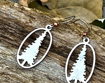 Evergreen Tree Dangle Earrings, Rhodium Plated, Nature Jewelry