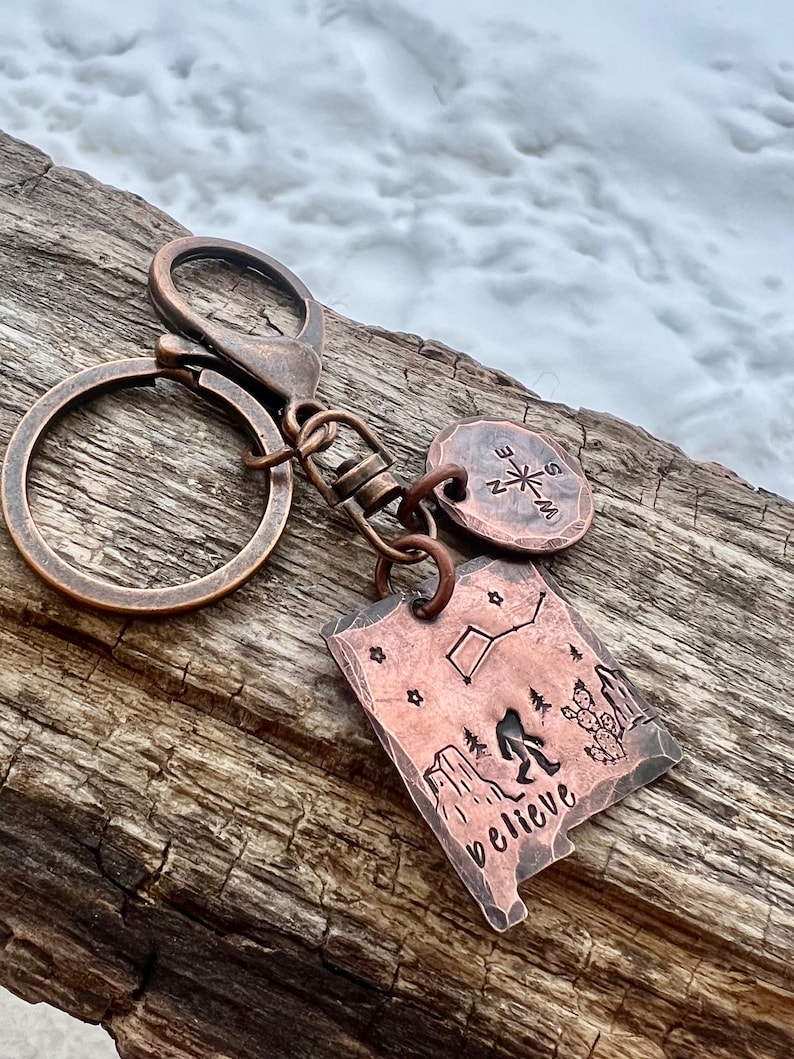 Sasquatch in New Mexico copper hand-stamped keychain, New Mexico Bigfoot legendary keychain, Cryptid Lovers Bigfoot in the Southwest image 6