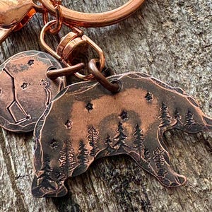 Bear with Big Dipper and Little Dipper Copper keychain, Evergreen Trees and Stars Purse or Backpack charm, Star Lovers gift