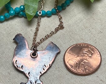 Chicken copper pendant necklace, Hen hand-stamped necklace, Artisan Chicken lovers jewelry gift, dainty Chicken jewelry