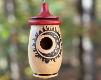 Hummingbird House, Sun Moon Stars Art, Handmade Wooden Birdhouse for Indoor/Outdoor Use, Bird Lovers Gift, Christmas Gift for Celestial