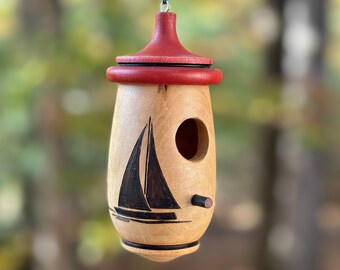 Hummingbird House, Handmade Wooden Birdhouse for Indoor/Outdoor Use, Sailboat Art, Bird Lovers Gift, Christmas Gift for Lake Lovers