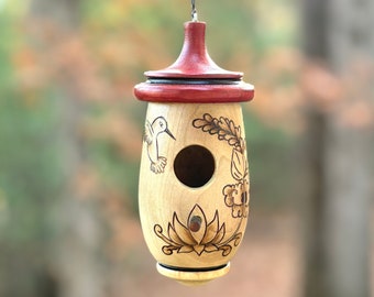 Hummingbird House, Handmade Wooden Birdhouse for Indoor/Outdoor Use, Bird and Lotus Art, Bird Lovers Gift, Christmas Gift for Co-Worker