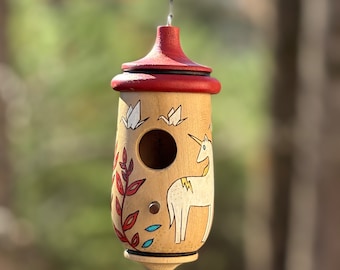 Birdhouse for Hummingbirds, Unicorn Art Design, Small Bird House Garden Decor, Handmade Gift for Bird Lover Who Has Everything