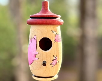 Hummingbird House, Flying Pig Art, Handmade Wooden Birdhouse for Indoor/Outdoor Use, Bird Lovers Gift, Christmas Gift for Pig Lovers