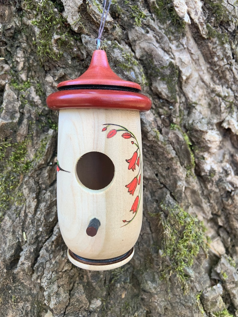 May include: A wooden birdhouse with a red roof and decorative floral design. The birdhouse is cylindrical with a round entry hole and a small perch. It is hanging from a thin wire against a tree trunk.