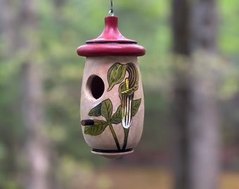 Hummingbird House, Handmade Wooden Birdhouse for Indoor/Outdoor Garden Use, Jack In The Pulpit, Native Plant, Bird Lovers Gift