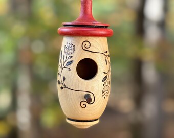 Handmade Cherry Wood Hummingbird House, Poppy Bud Art, Wood Burned