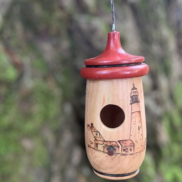 Hummingbird House, Handmade Wooden Birdhouse for Indoor/Outdoor Use, Portlandhead Maine Lighthouse, Bird Lovers Gift, Christmas Gift for Him